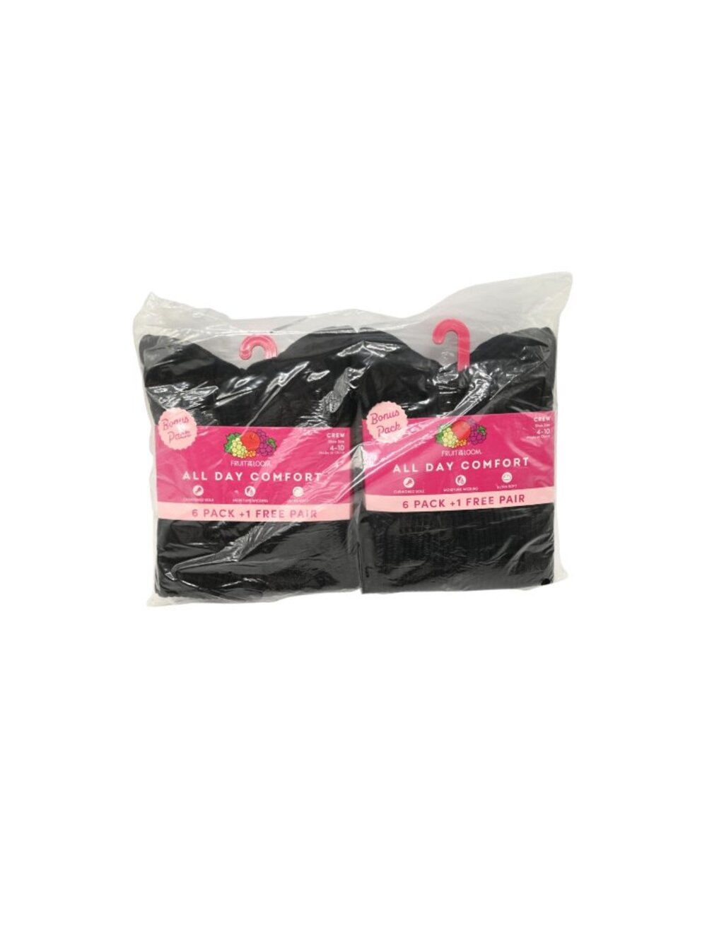 NIP Fruit of the Loom Lot of 2 7 Pack All Day Comfort Crew Socks Sz 4-10 Black